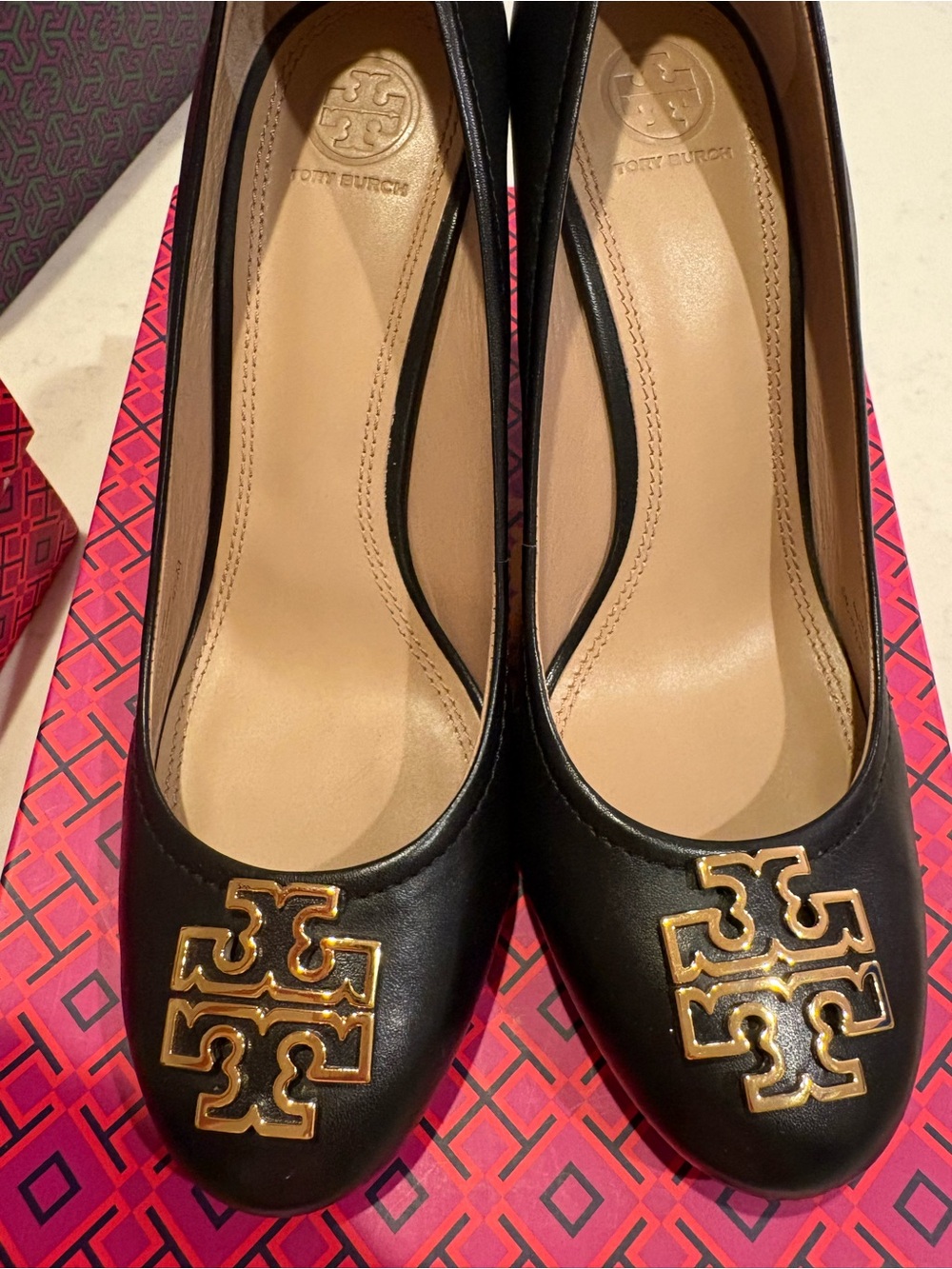 Tory Burch Black Leather Heels with Gold Logo Medallion